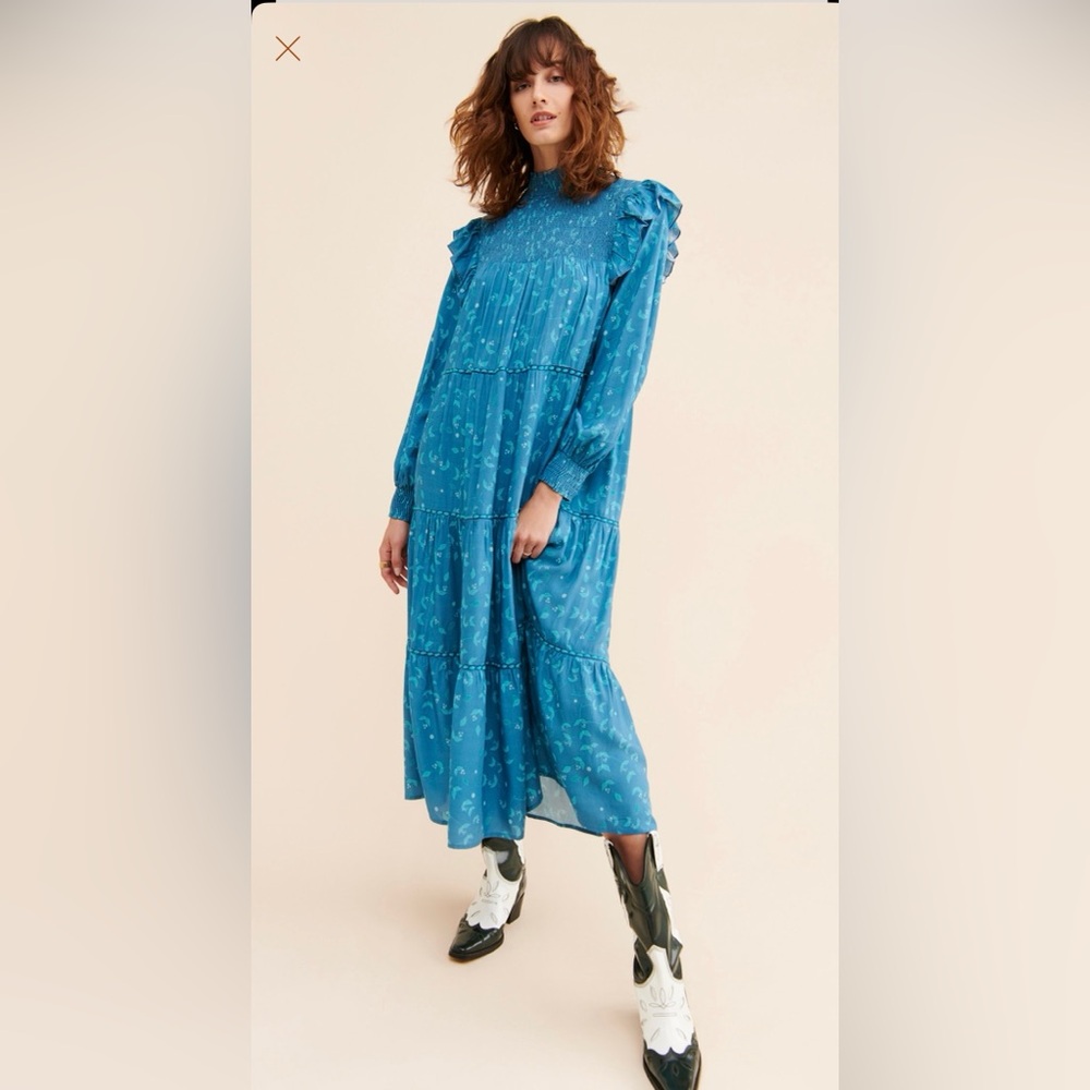 EUC Bl^nk London Anthropologie Blue Midi ‘Tiers + Ruffles’